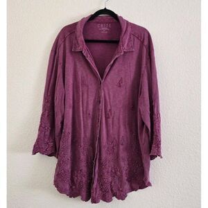 CAITE  Handmade With Heart And Soul Tunic Sz 1X Embroidered Acid Wash Top Boho